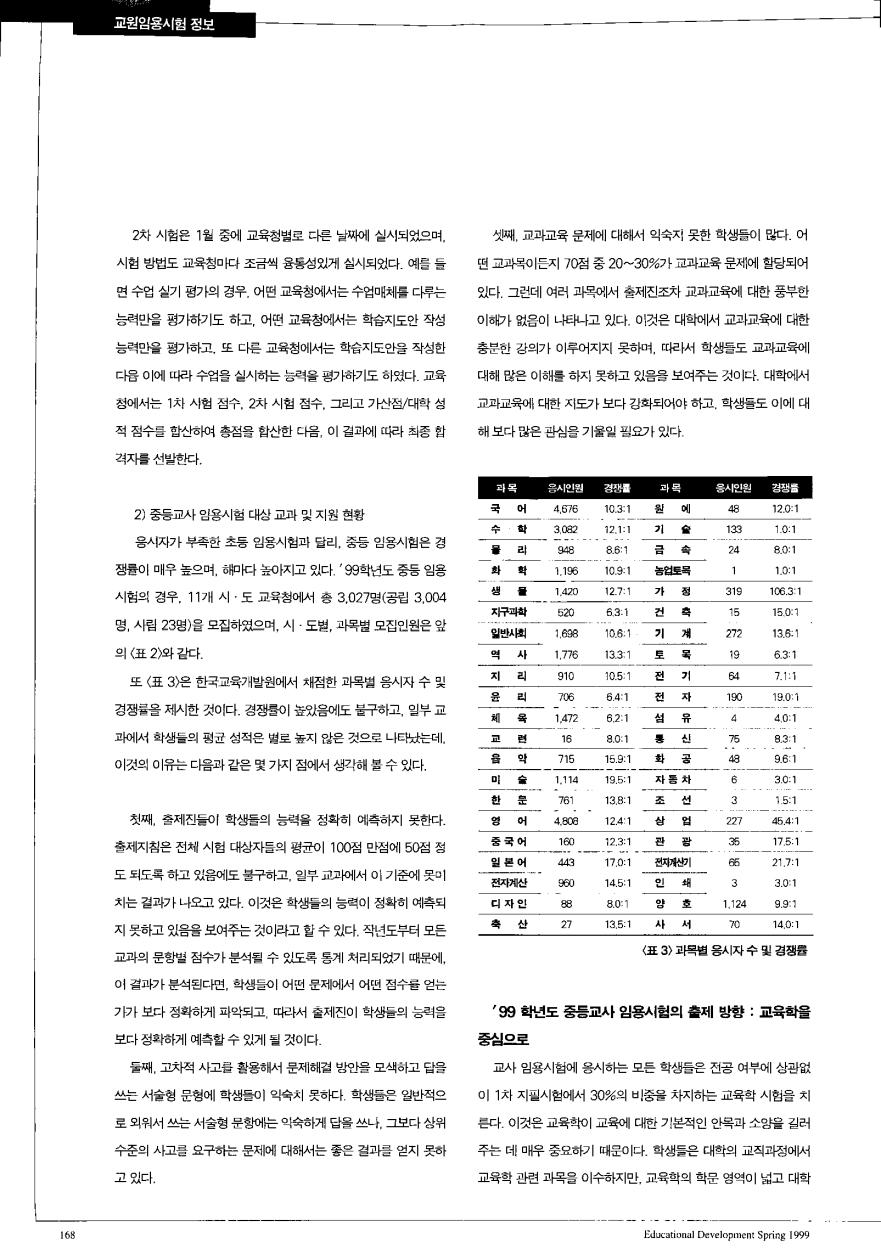 교원임용시험 정보 - 99학년도 중등교사 임용시험 현황